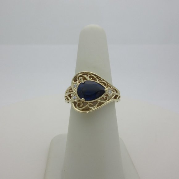 14k Blue Sapphire Diamond Ring Natural Pear Jewelry Filigree Sophia Fiori 6 1/2 - Picture 6 of 9